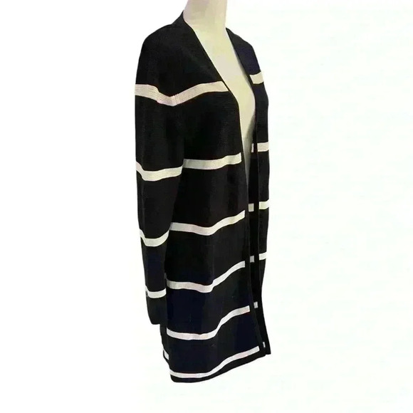 Talbots Open Cardigan Duster Size M Black w White Stripes Lightweight Casual - Picture 2 of 7